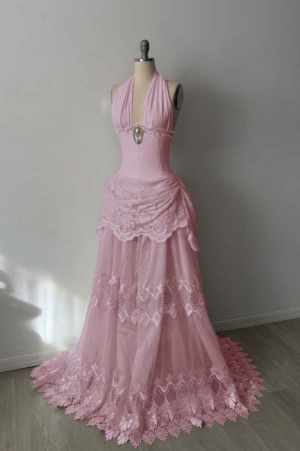 Lace And Tulle Halter Neck Strapless Sleeveless Long Mermaid Prom Dress With Pleated WQ0665