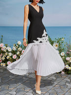 Black Pleated Applique Butterfly Classic Deep V Neck Sleeveless Mermaid Maxi Dress