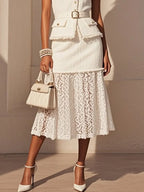 Women White Buckle Lace Crew Neck Tweed Sleeveless Dressy Top With Skirt Two-Piece Set