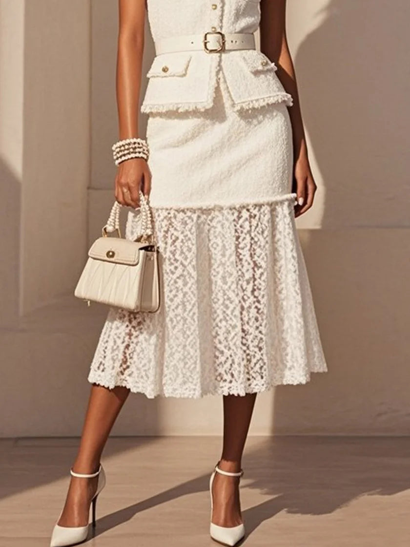 Women White Buckle Lace Crew Neck Tweed Sleeveless Dressy Top With Skirt Two-Piece Set