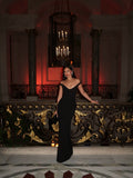 Cocoslly Off-The-Shoulder V-Neck Sleeveless Long Mermaid Prom Dress | Black Satin CO0061