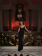 Cocoslly Off-The-Shoulder V-Neck Sleeveless Long Mermaid Prom Dress | Black Satin CO0061