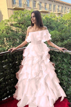 Cocoslly One Shoulder Sleeveless High Waist Long Prom Dress With Ruffles | Pink Chiffon XJ0753