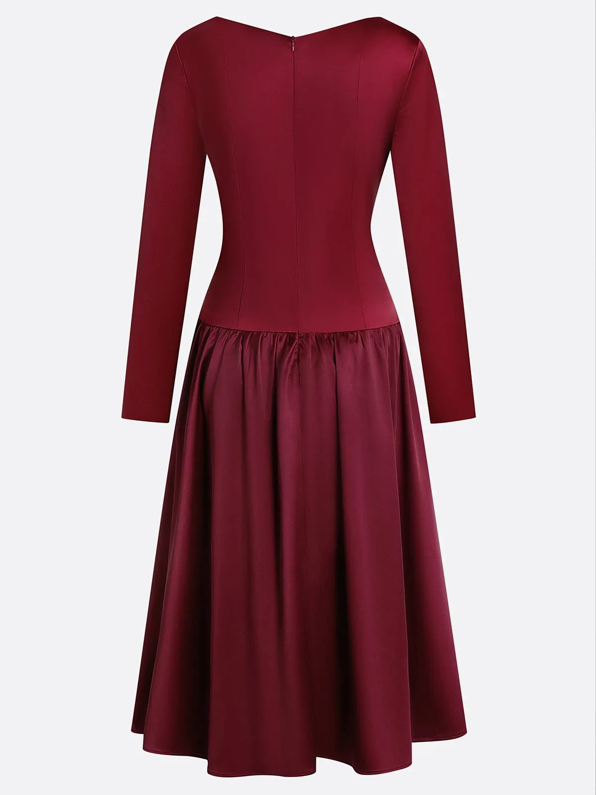 Burgundy Ruched Satin V Neck Long Sleeve A-Line Midi Dress