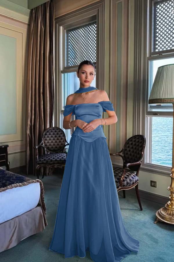 Stunning Off the Shoulder Sleeveless Long Prom Dress With Pleated WQ0225
