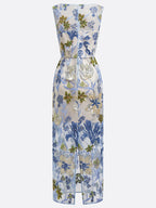 Blue Sequin Embroidery Classic Boat Neck Sleeveless Mermaid Floor-length Gown Dress