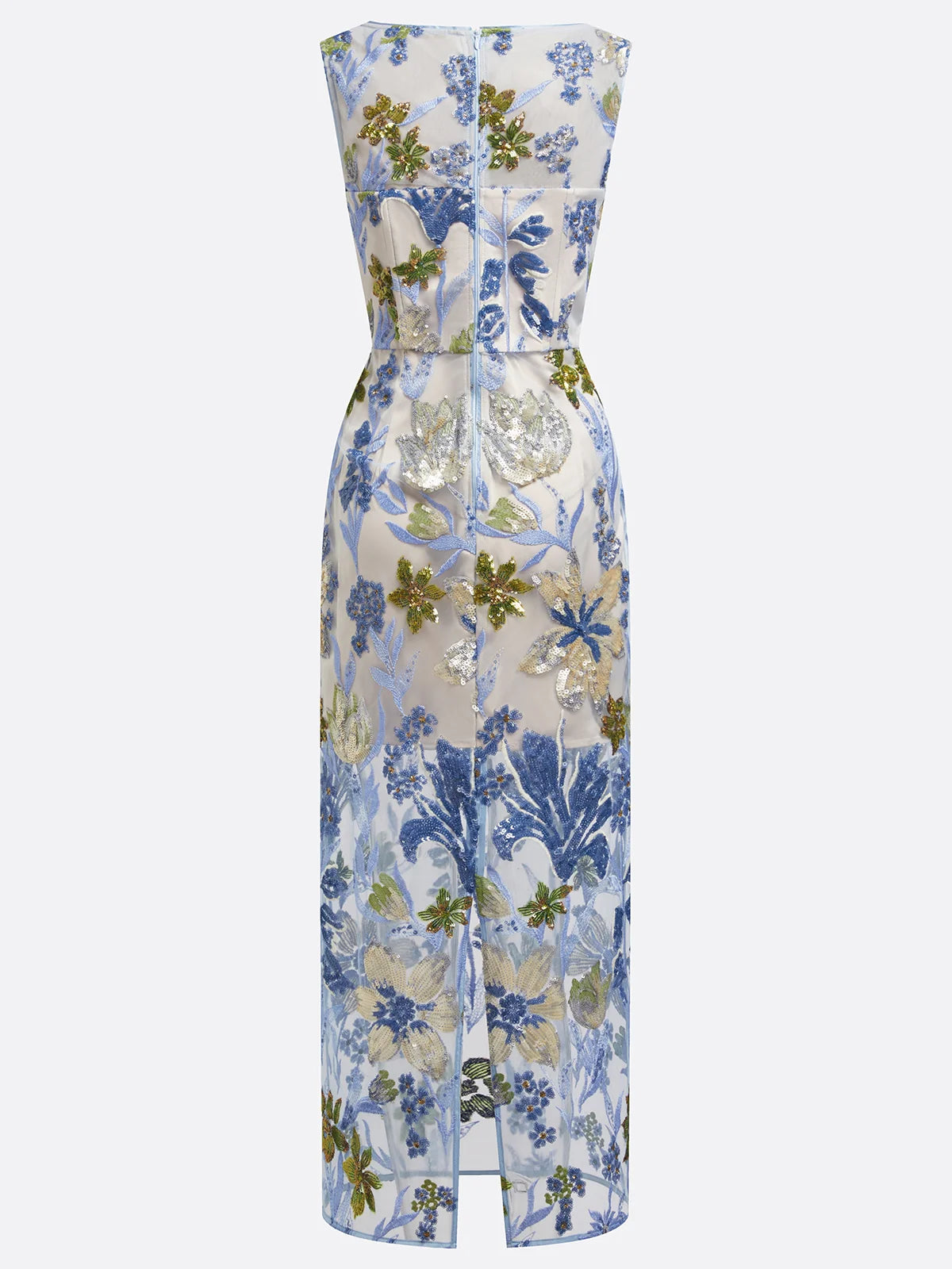 Blue Sequin Embroidery Classic Boat Neck Sleeveless Mermaid Floor-length Gown Dress