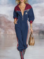 Retro Sporty Star-Badge Navy Colorblock Half-Zip Cotton Jumpsuit