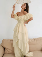 Cocoslly Off-The-Shoulder Sleeveless High Waist Long Prom Dress With Ruffles | White Chiffon LX0115