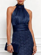 Purplish Blue Satin Halter Neck Ruched Sleeveless Midi A-Line Dresses