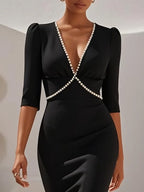 Black Faux Pearl V Neck Sheath Midi Dress