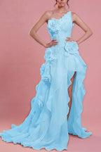 Cocoslly One Shoulder Sleeveless High Waist Long Split Prom Dress With Ruffles And Flowers | Blushing Pink Chiffon YC0489