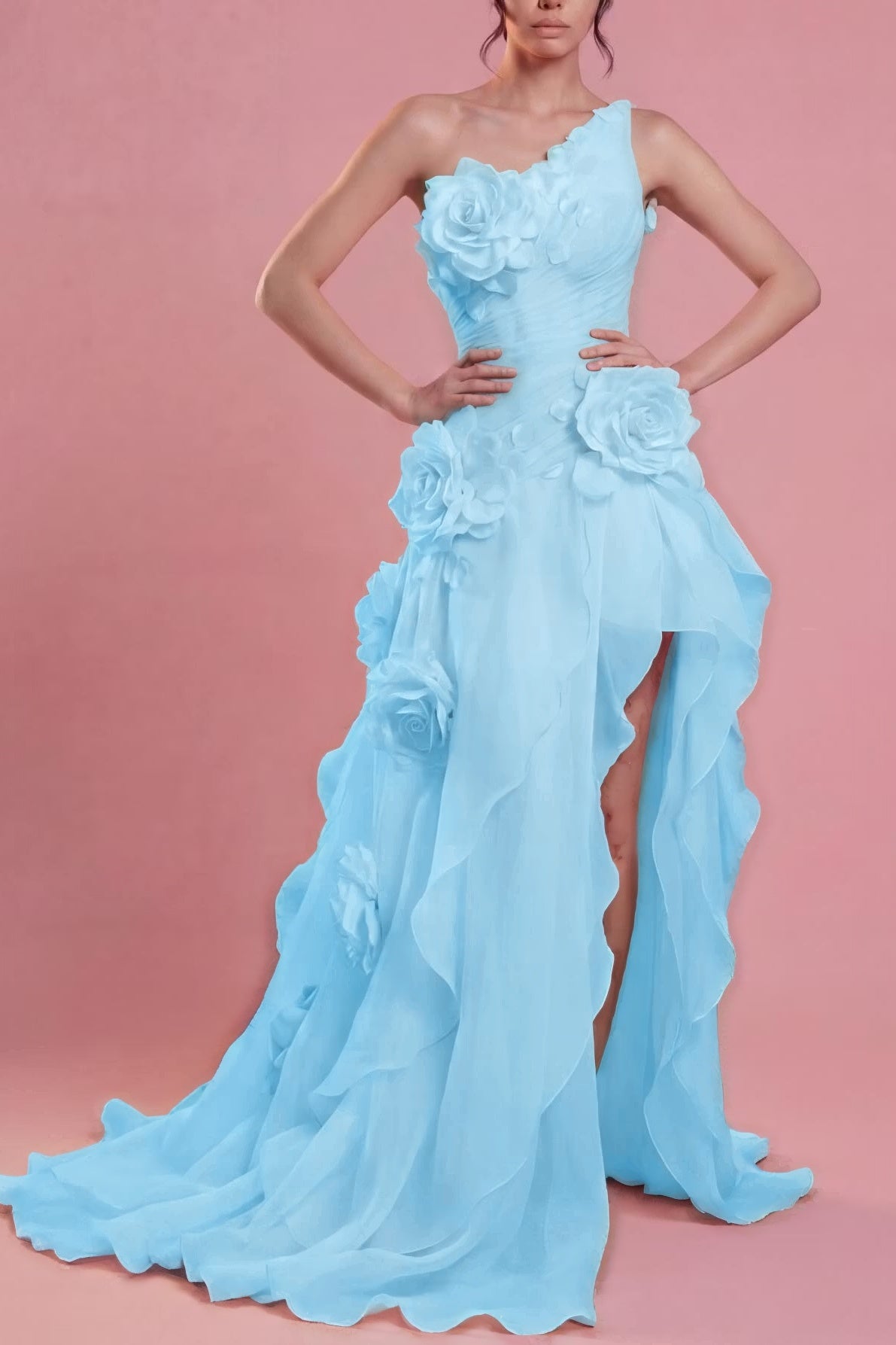 Cocoslly One Shoulder Sleeveless High Waist Long Split Prom Dress With Ruffles And Flowers | Blushing Pink Chiffon YC0489