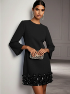 Black 3D Floral Classic Crew Neck Long Sleeve Bell Sleeve A-Line Mini Dress