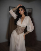 Cocoslly V-Neck Long Sleeves High Waist Long Prom Dress With Rhinstone | White Chiffon LR0373