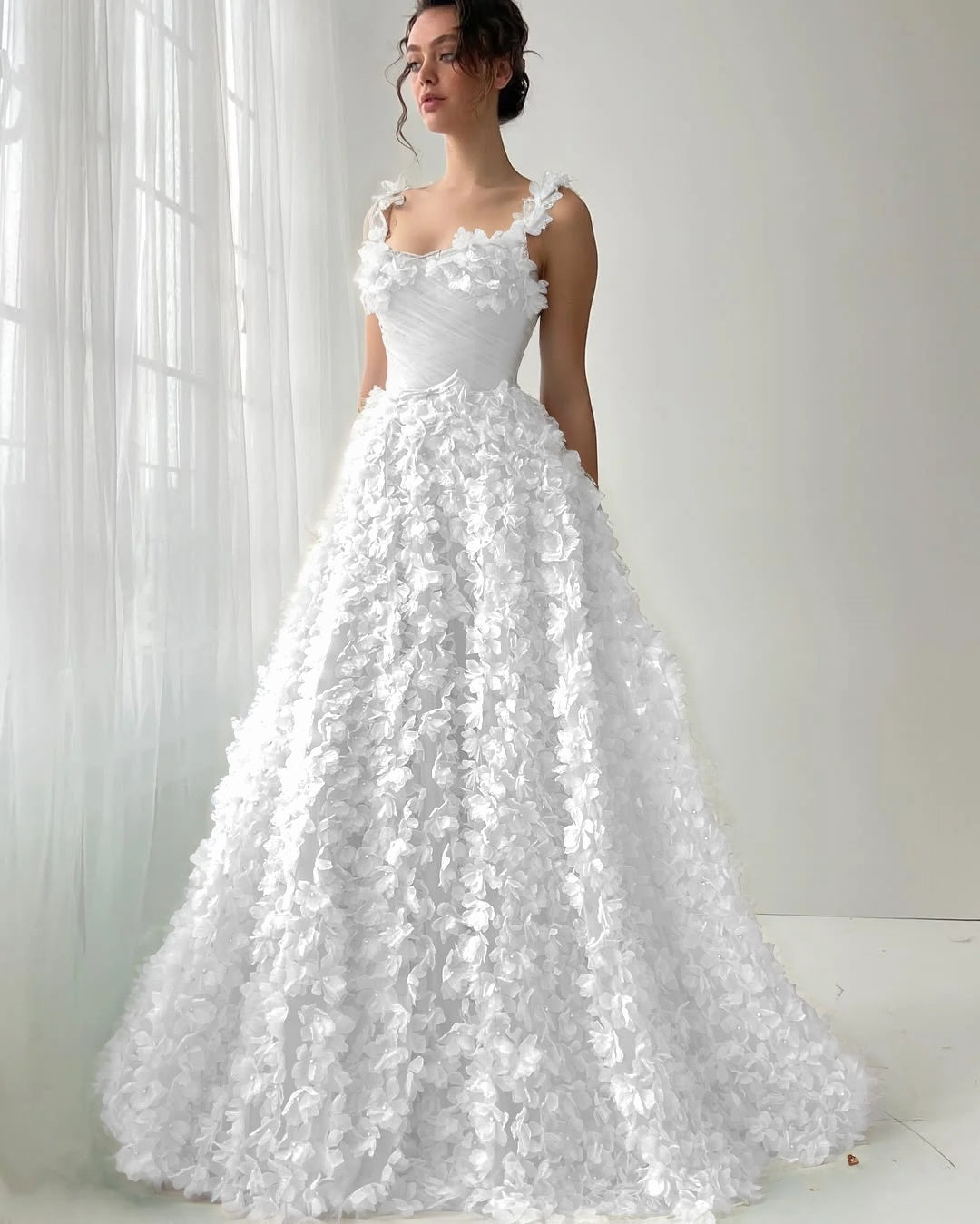 Tulle Square Neck Spaghetti Straps Sleeveless Long A-Line Prom Dress With Flower Appliques YK0613
