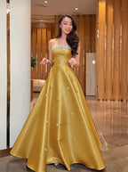 Cocoslly Strapless Sleeveless High Waist Long A Line Prom Dress With Rhinstone | Navy Blue Satin JZ0146