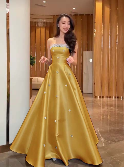 Cocoslly Strapless Sleeveless High Waist Long A Line Prom Dress With Rhinstone | Navy Blue Satin JZ0146