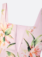 Pink Floral Satin Square Neck Sleeveless Sheath Midi Dress