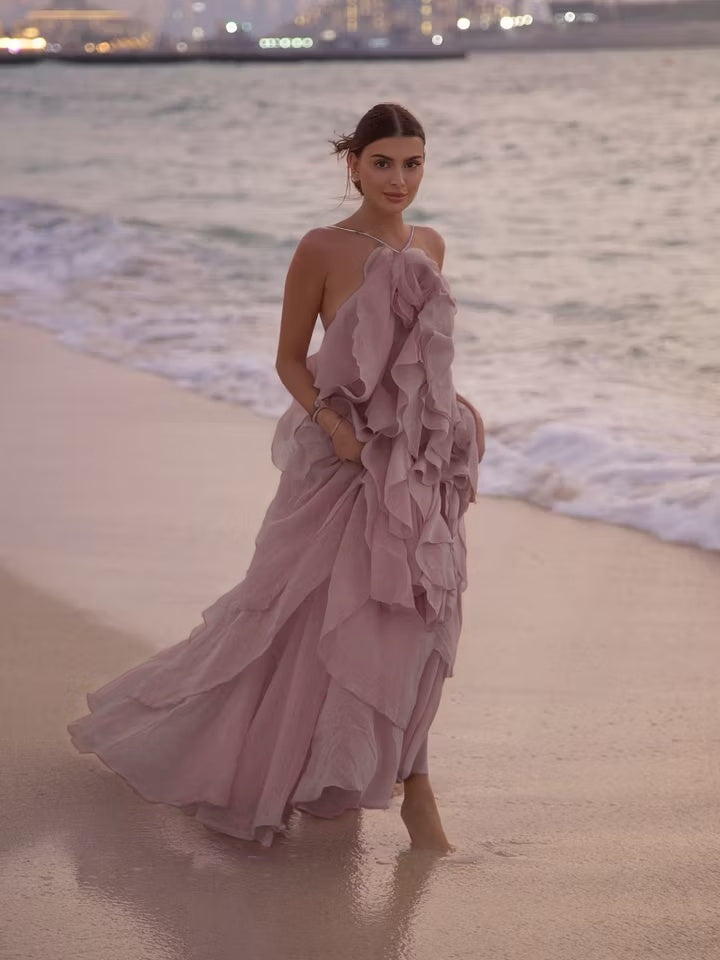 Cocoslly Halter Sleeveless High Waist Long Prom Dress With Ruffles | Lilac Chiffon LX0092