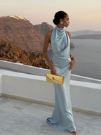 Cocoslly High Neck Sleeveless High Waist Long Mermaid Prom Dress | Sky Blue Satin CO0112