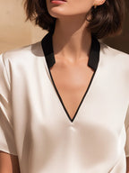 Contrast Trim Satin V-Neck Relaxed Blouse
