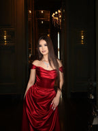Cocoslly Off-The-Shoulder Sleeveless High Waist Long Prom Dress With Pleated | Burgundy Satin CO0165