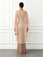 Champagne Glitter Sequin Crew Neck Cap Sleeve Sheath Floor-length Gown Dress