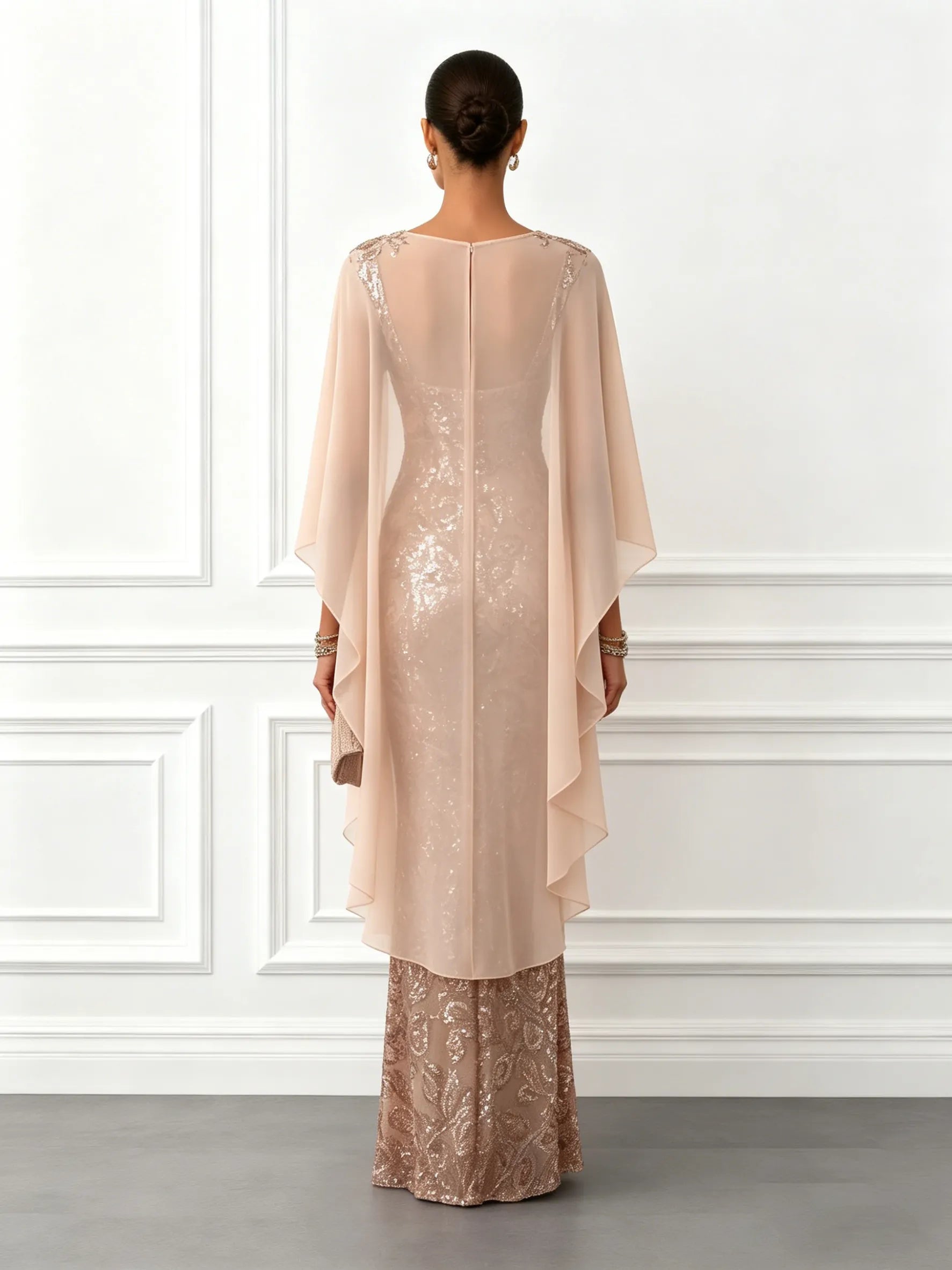 Champagne Glitter Sequin Crew Neck Cap Sleeve Sheath Floor-length Gown Dress