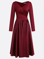 Burgundy Ruched Satin V Neck Long Sleeve A-Line Midi Dress