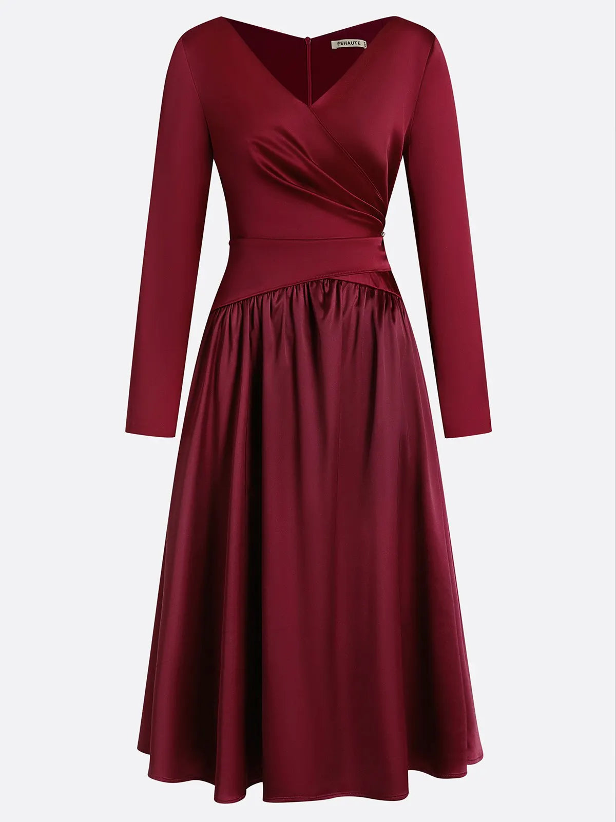 Burgundy Ruched Satin V Neck Long Sleeve A-Line Midi Dress