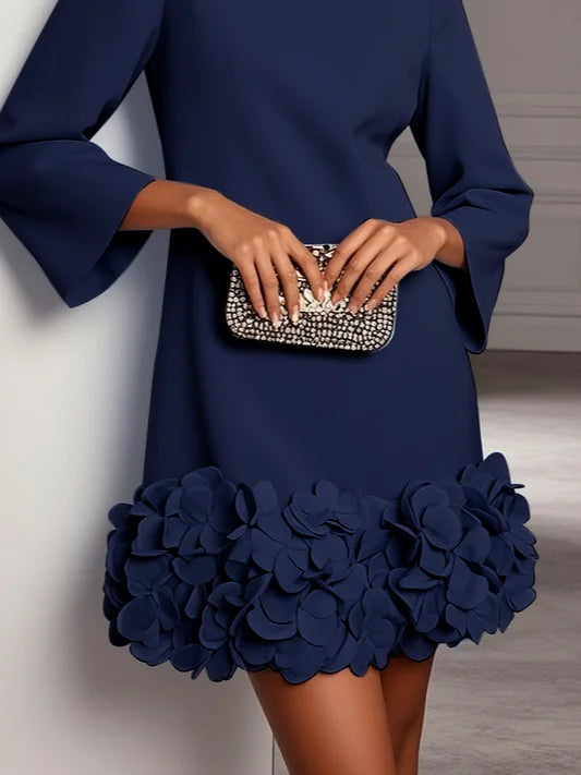 Purplish blue 3D Floral Classic Crew Neck Bell Long Sleeve Shift Mini Dress