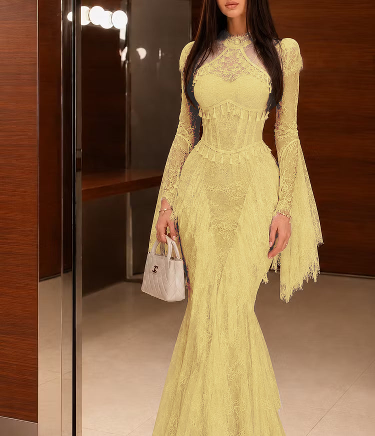 Cocoslly Long Sleeves High Waist Long Mermaid Prom Dress With Ruffles | White Lace JZ0164