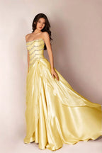 Cocoslly Strapless Sleeveless High Waist Long Prom Dress With Rhinstone And Beading Pearls | Baby Blue Satin LR0577