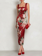 Pink Floral Satin Square Neck Sleeveless Sheath Midi Dress