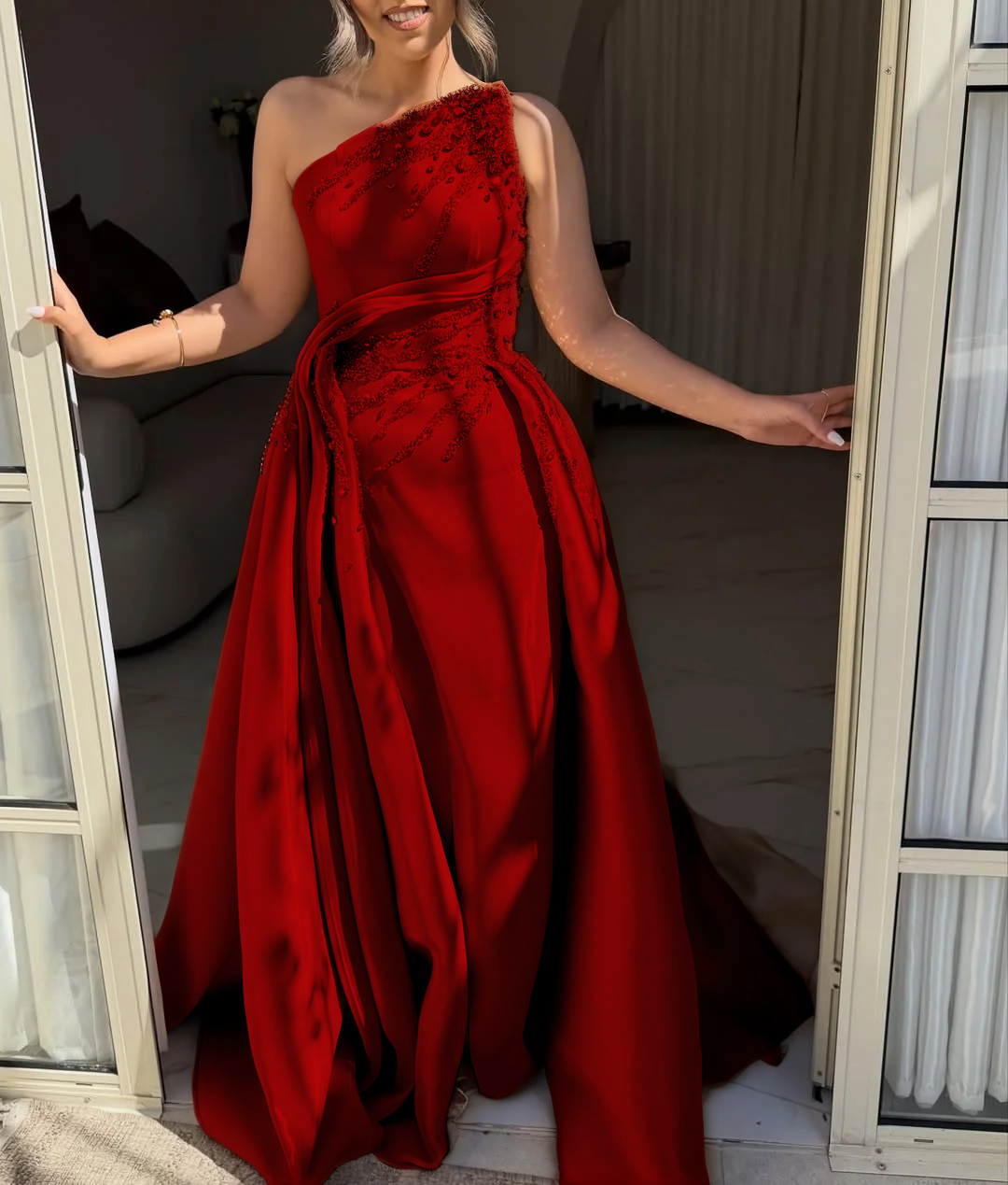 Asymmetric Strapless Sleeveless Long A-Line Prom Dress With Pleated And Beadings YK0692