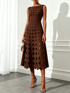 Blue Devore Classic Boat Neck Sleeveless A-Line Midi Dress
