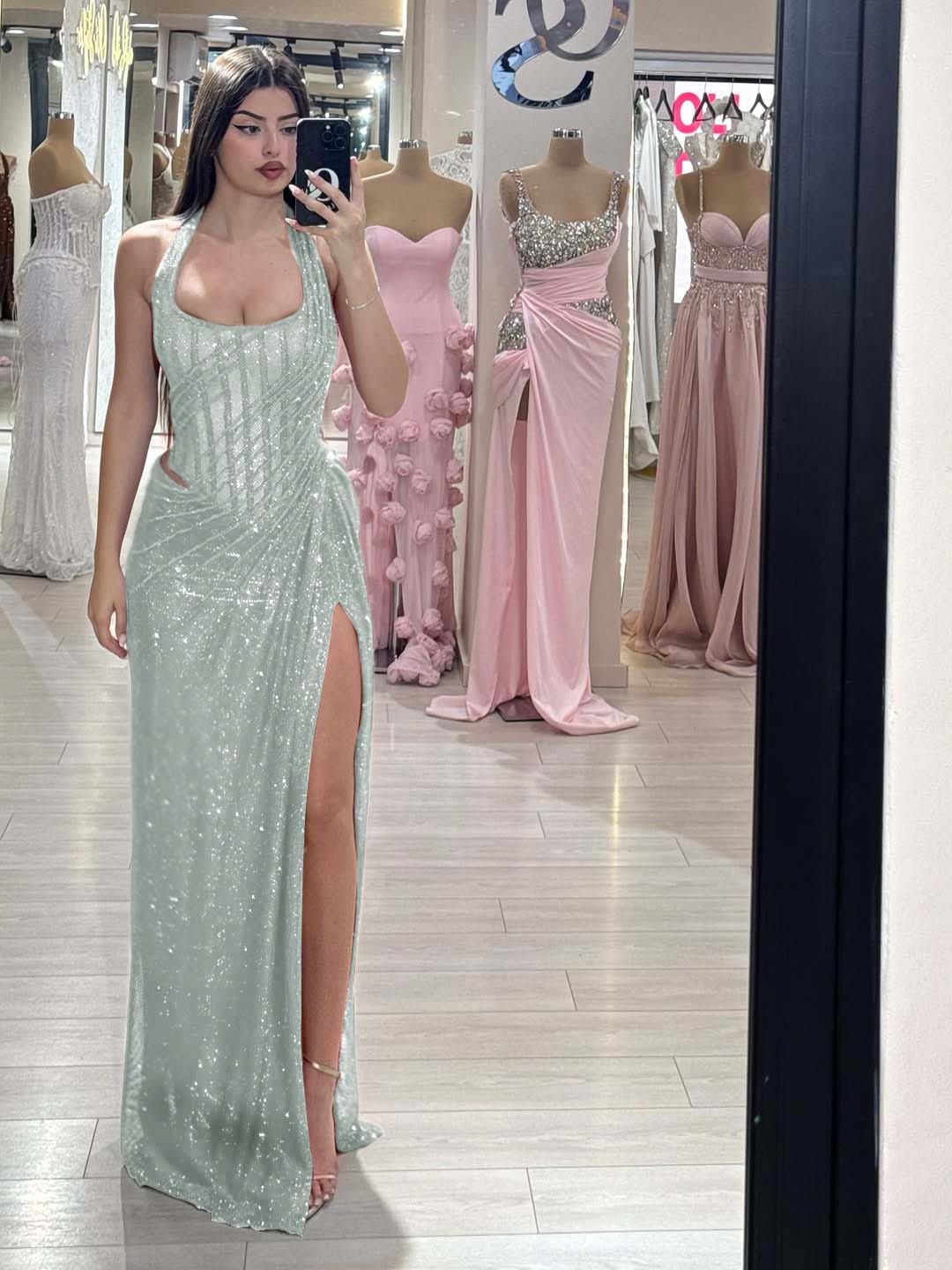 Sequins Halter Sleeveless Long Mermaid Prom Dress With Split YK0358