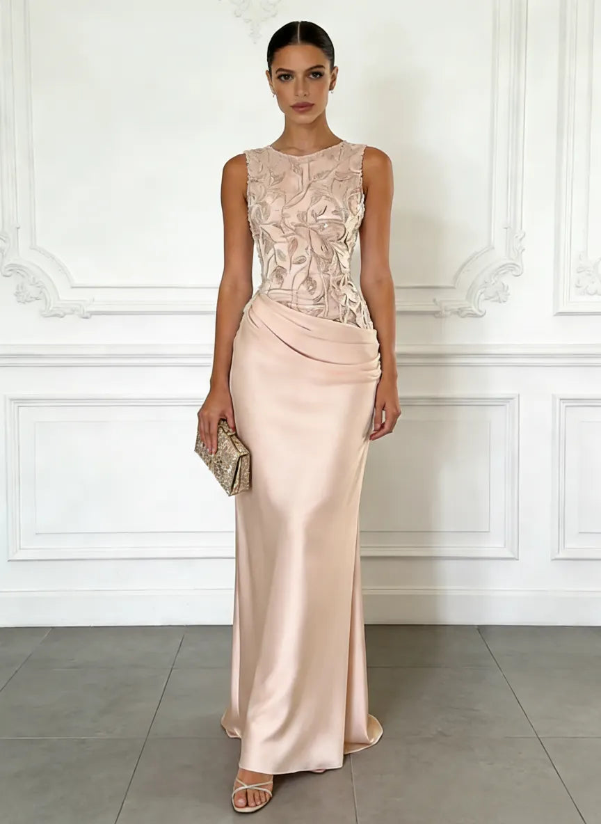 Light Pink Embroidery Satin Crew Neck Sleeveless Sheath Gown Dress