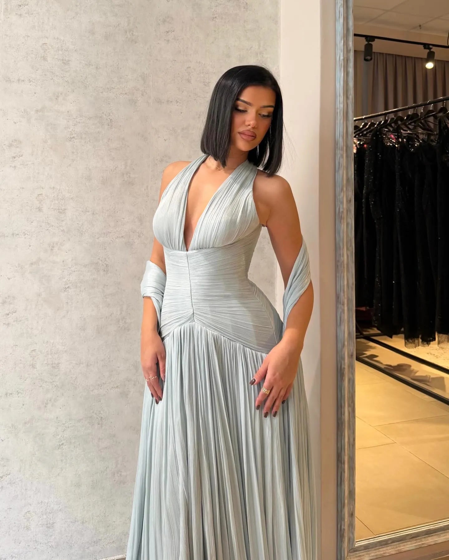 Cocoslly Halter V-Neck Sleeveless High Waist Long Prom Dress With PLeated And Cape | Mist Chiffon CO0041