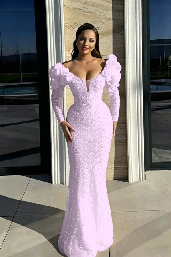 Cocoslly Strapless Long Sleeves High Waist Long Mermaid Prom Dress With Rhinstone And Flowers | Red Sequins WQ0744