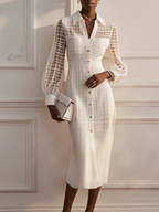 White Organza Shirt Dress Shirt Collar Long Sleeve Balloon Sleeve Sheath Midi Dress