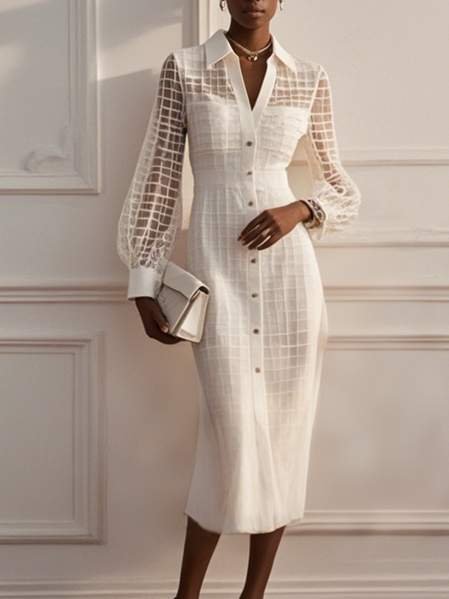 White Organza Shirt Dress Shirt Collar Long Sleeve Balloon Sleeve Sheath Midi Dress