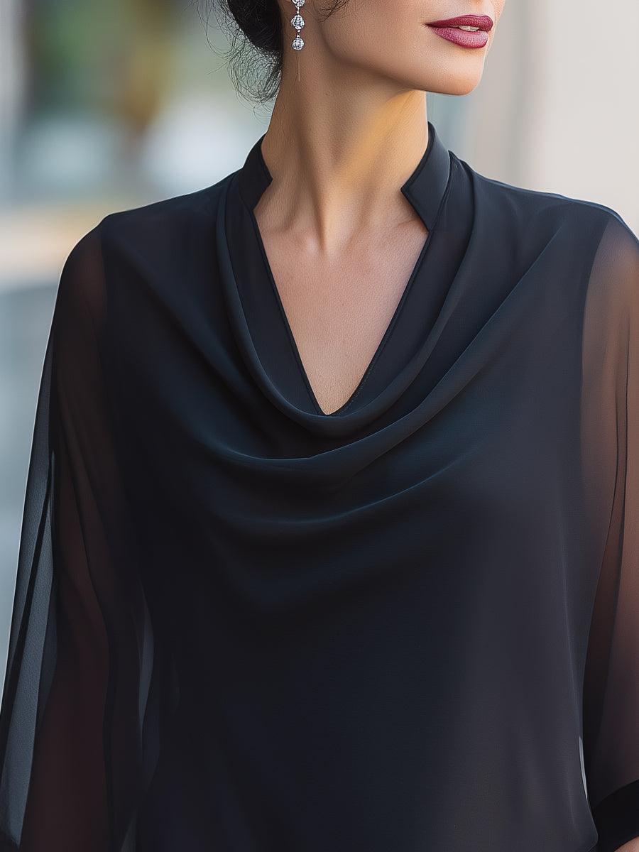 Sheer Flared Sleeve Cowl Neck Blouse With Satin Trim