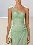 Green Chiffon One Shoulder Sleeveless Sheath Floor-length Gown Dress