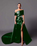 Satin Asymmetric Off-The-Shoulder Sleeveless Long Pleated Mermaid Prom Dress With Appliqués And Split YK0598