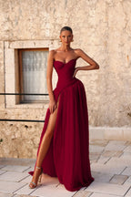 Cocoslly Strapless Sleeveless High Waist Long Prom Dress With Deep Split And Pleated | Pink Chiffon YC0472