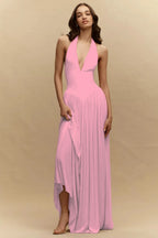 Cocoslly Halter V-Neck Sleeveless High Waist Long Prom Dress | Blushing Pink Chiffon YC0573
