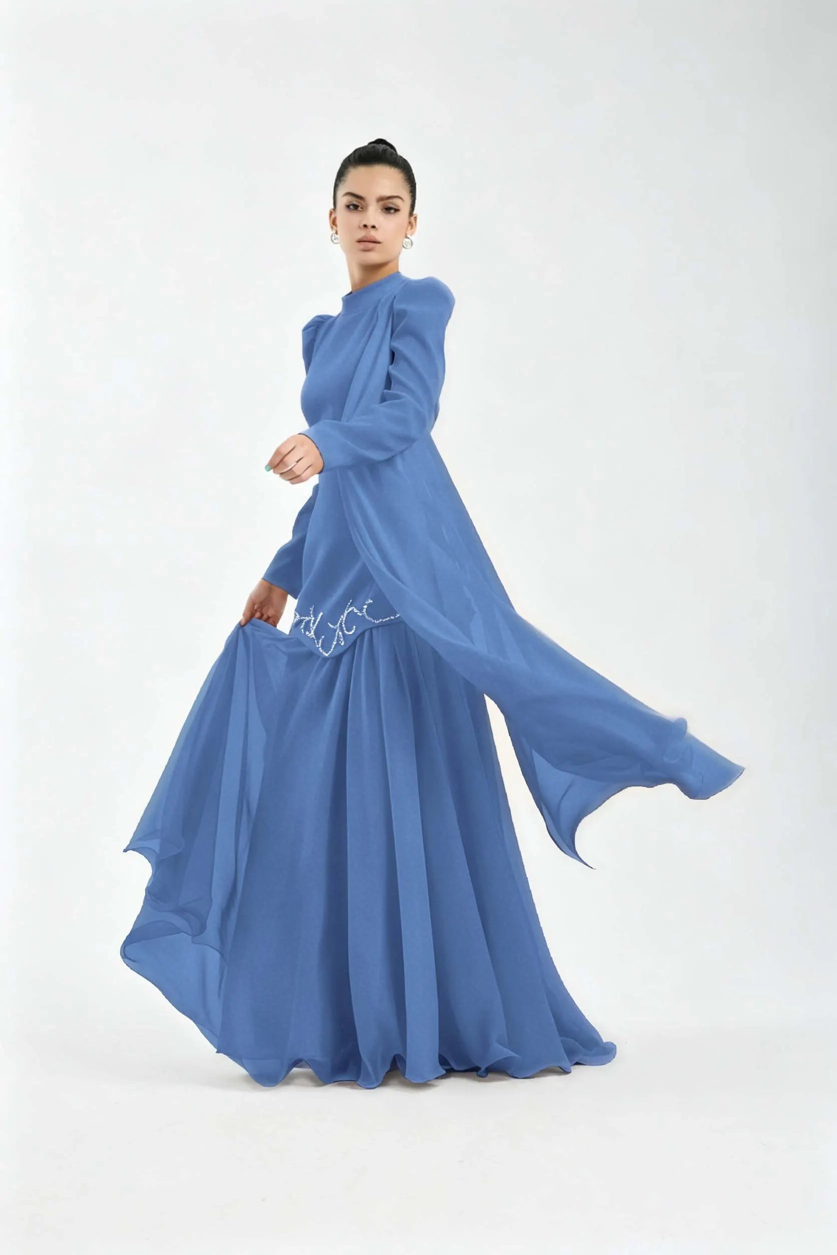 Cocoslly High Neck Long Sleeves High Waist Long Prom Dress With Rhinstone | Cabemet Chiffon LR0407