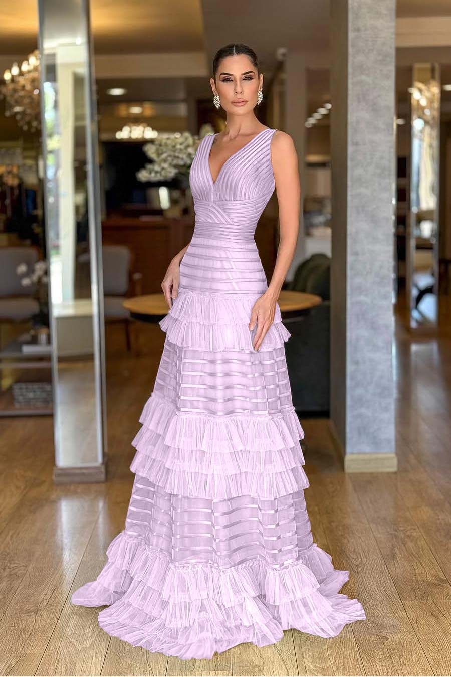 Tulle V-Neck Wide Shoulder Straps Sleeveless Long A-Line Prom Dress With Ruffles And Pleated WQ0149